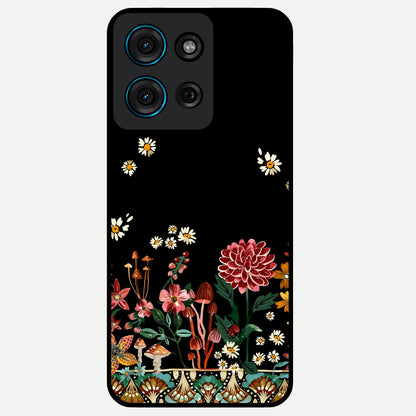 Midnight Bloom Pattern Glass Case showing flat back view with dark floral pattern artwork and glossy glass finish.