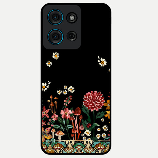 Midnight Bloom Pattern Glass Case showing flat back view with dark floral pattern artwork and glossy glass finish.