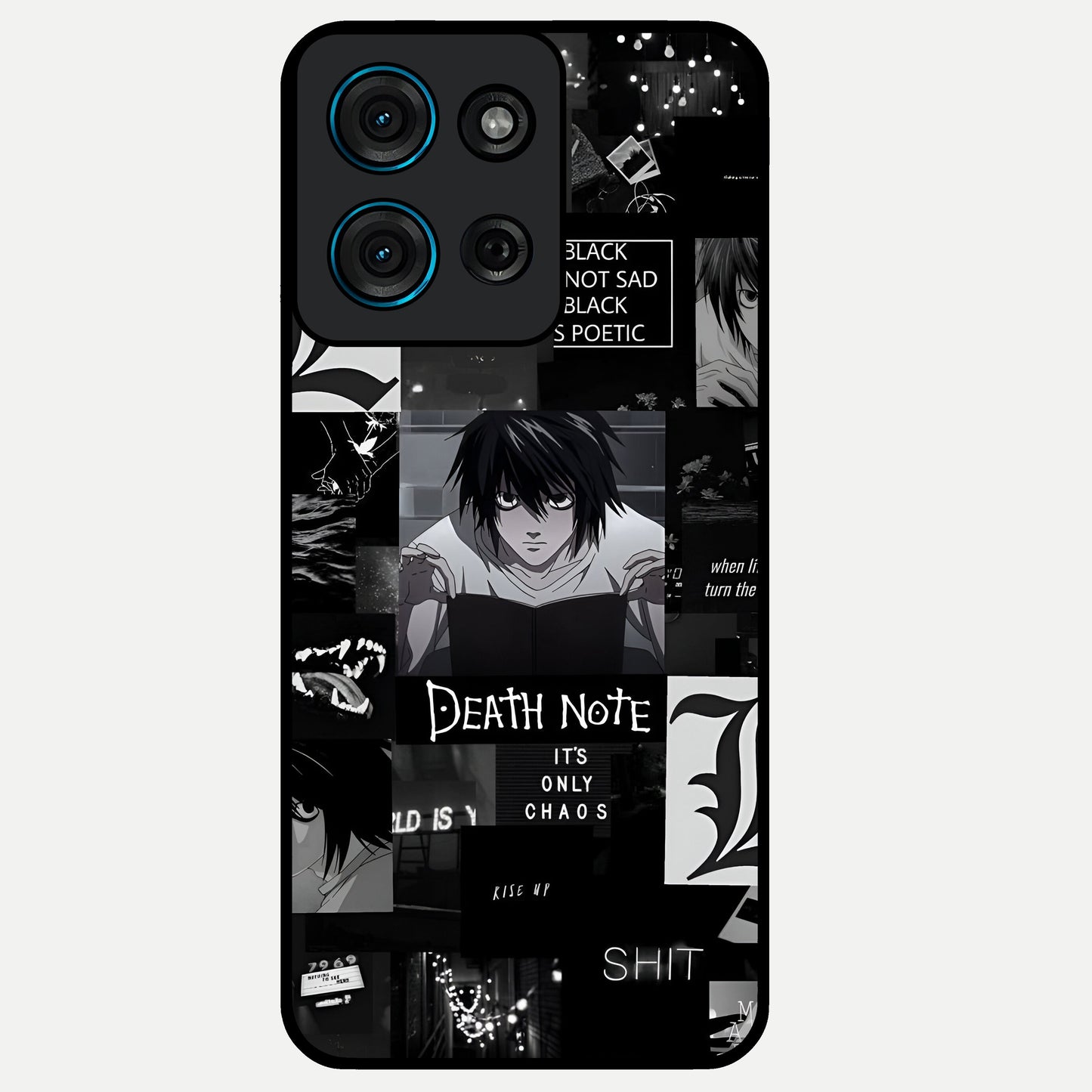 Midnight Chaos Mind Glass Case showing flat back view with abstract dark themed artwork and glossy glass finish.