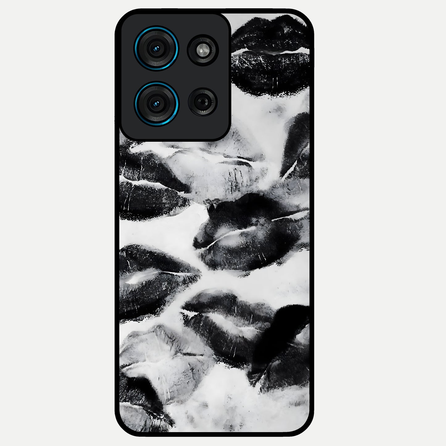 Midnight Kiss Marks Glass Case showing flat back view with lipstick kiss mark artwork and glossy glass finish.