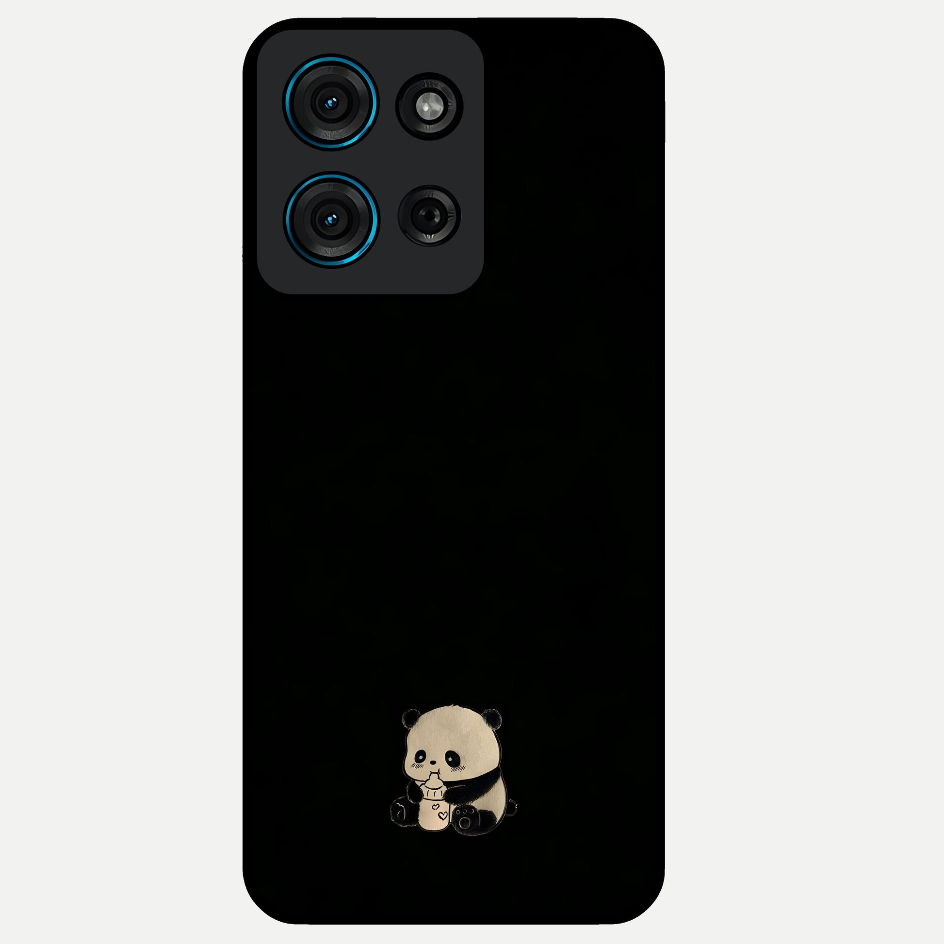 Midnight Panda Love Glass Case showing flat back view with cute panda themed artwork and glossy glass finish.