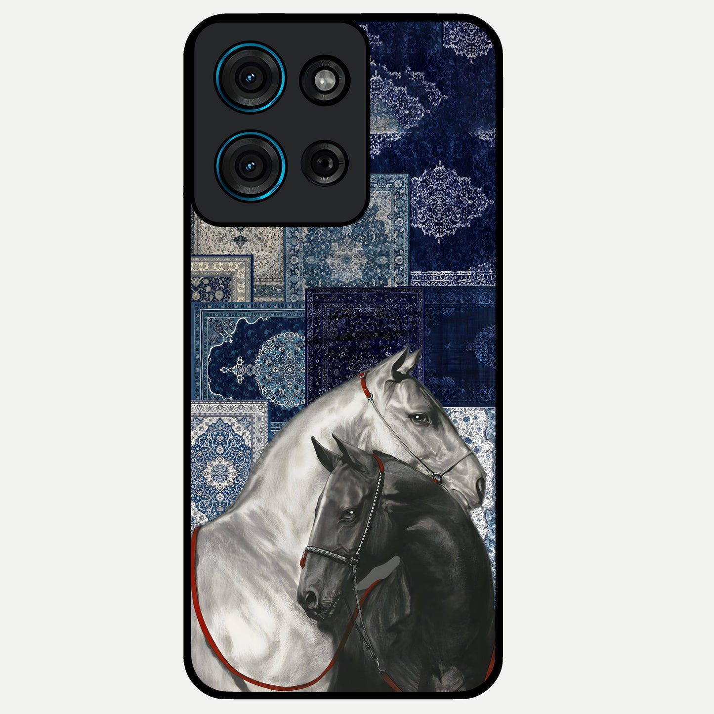 Midnight Stallion Blues Glass Case showing flat back view with majestic horse artwork and glossy glass finish.