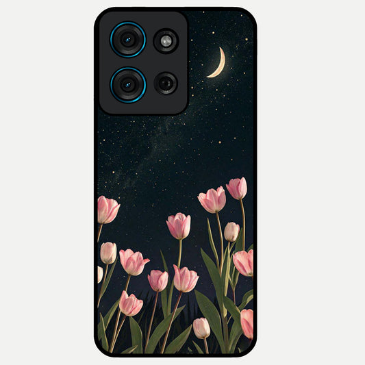Midnight Tulip Whispers Vibe Glass Case showing flat back view with elegant tulip flower artwork and glossy glass finish.