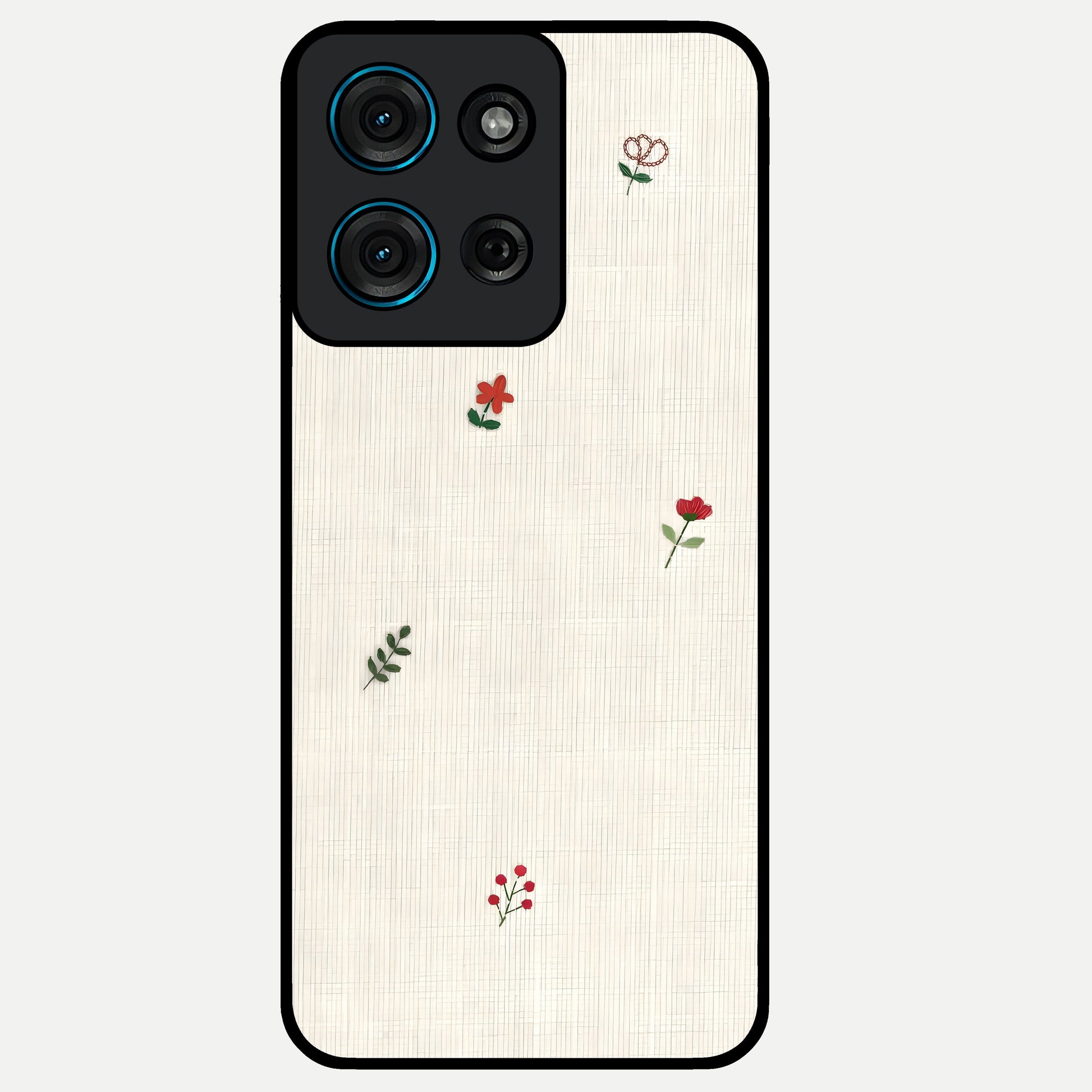 Minimal Petal Whispers Glass Case showing flat back view with soft minimal floral artwork and glossy glass finish.