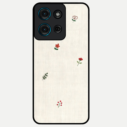 Minimal Petal Whispers Glass Case showing flat back view with soft minimal floral artwork and glossy glass finish.