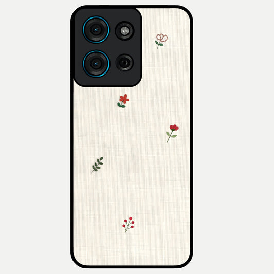 Minimal Petal Whispers Glass Case showing flat back view with soft minimal floral artwork and glossy glass finish.