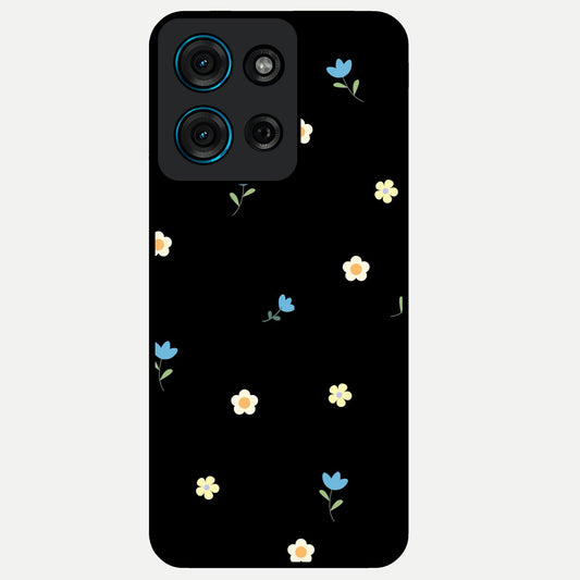 Minimalistic Blue With White Flower Pattern Glass Case showing flat back view with blue background and white flower pattern and glossy glass finish.