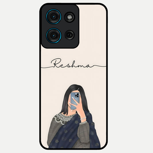 Mirror Mood Muse With Custom Name Glass Case showing flat back view with stylish mirrored artwork and personalized name design.