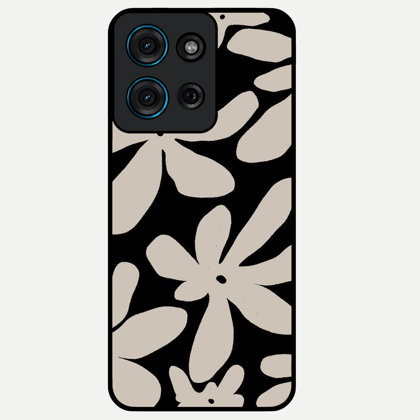 Monochrome Petal Dance Glass Case showing flat back view with monochrome floral artwork and glossy glass finish.