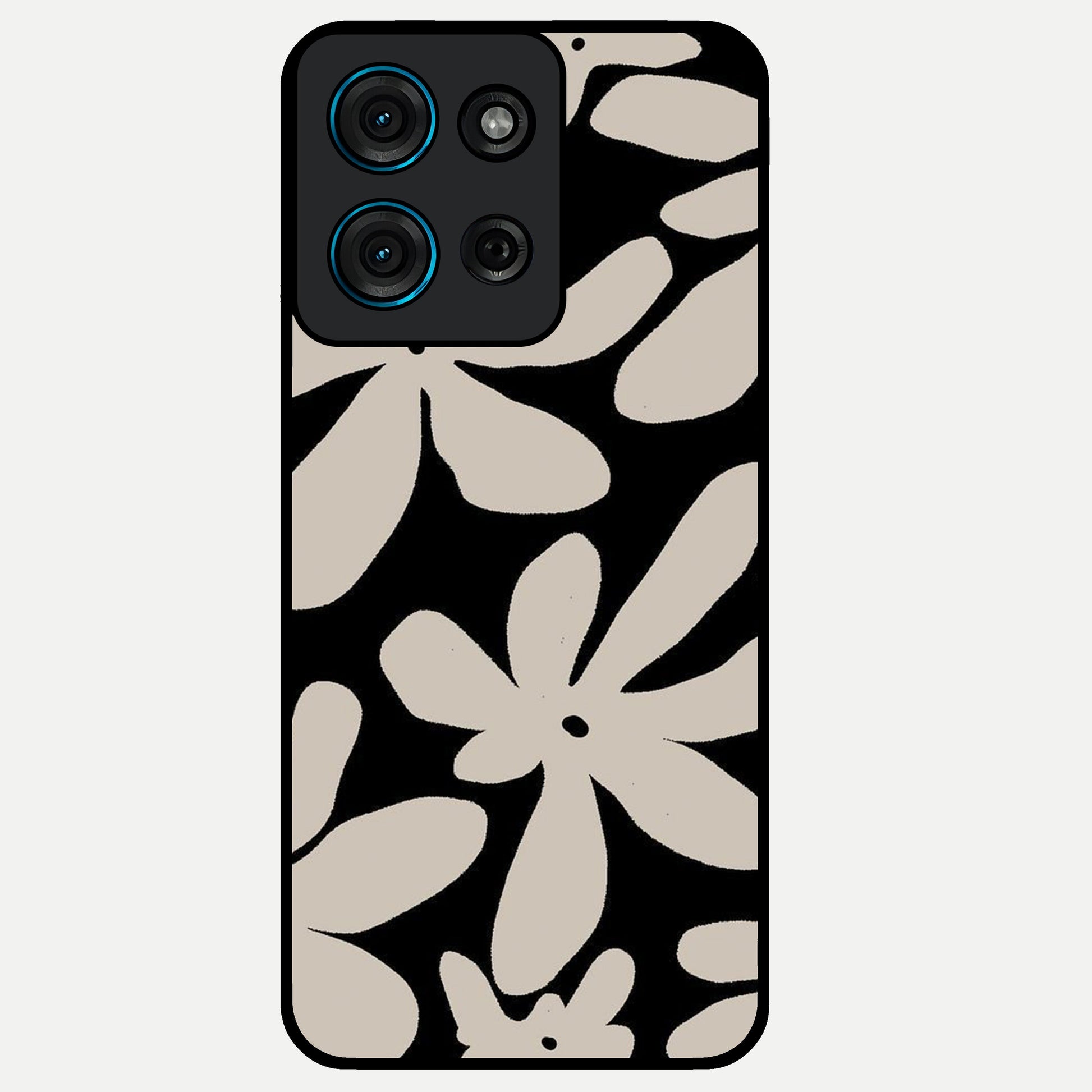 Monochrome Petal Dance Glass Case showing flat back view with monochrome floral artwork and glossy glass finish.