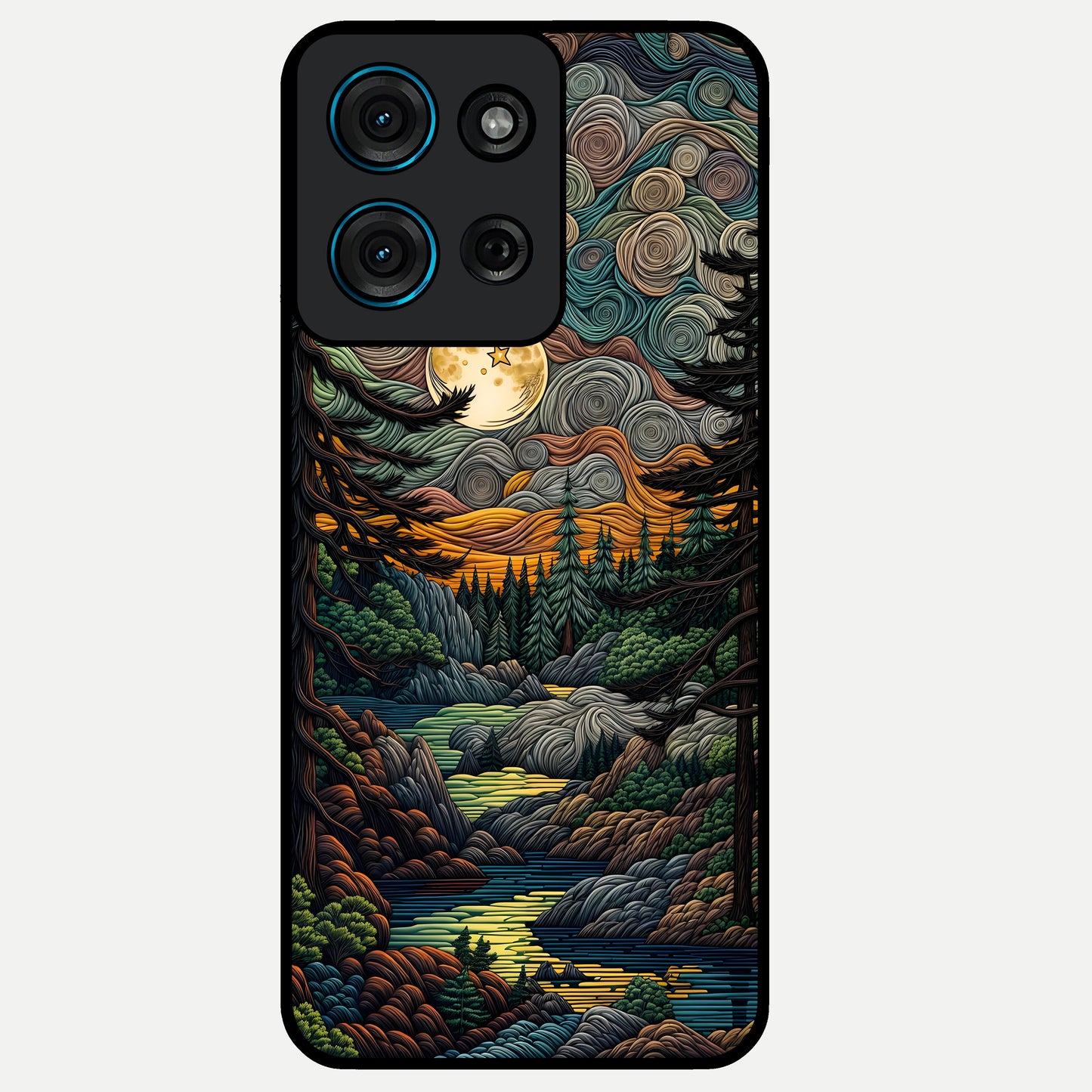 Moonlight Forest Dream Glass Case showing flat back view with mystical forest moonlight artwork and glossy glass finish.