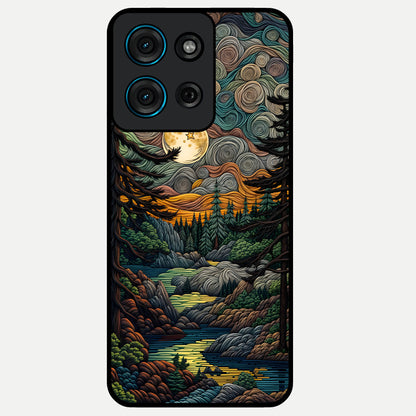 Moonlight Forest Dream Glass Case showing flat back view with mystical forest moonlight artwork and glossy glass finish.