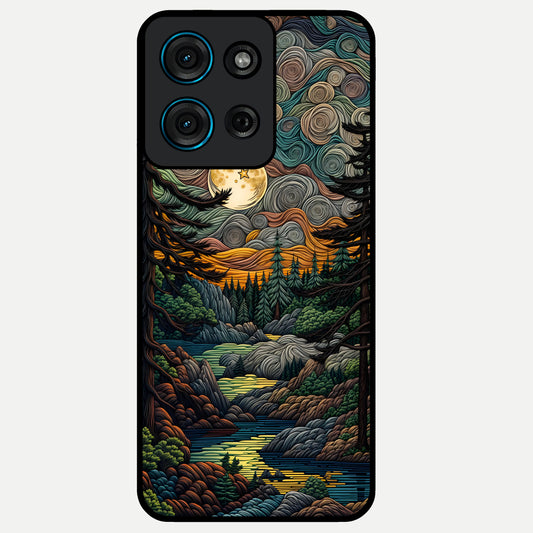 Moonlight Forest Dream Glass Case showing flat back view with mystical forest moonlight artwork and glossy glass finish.