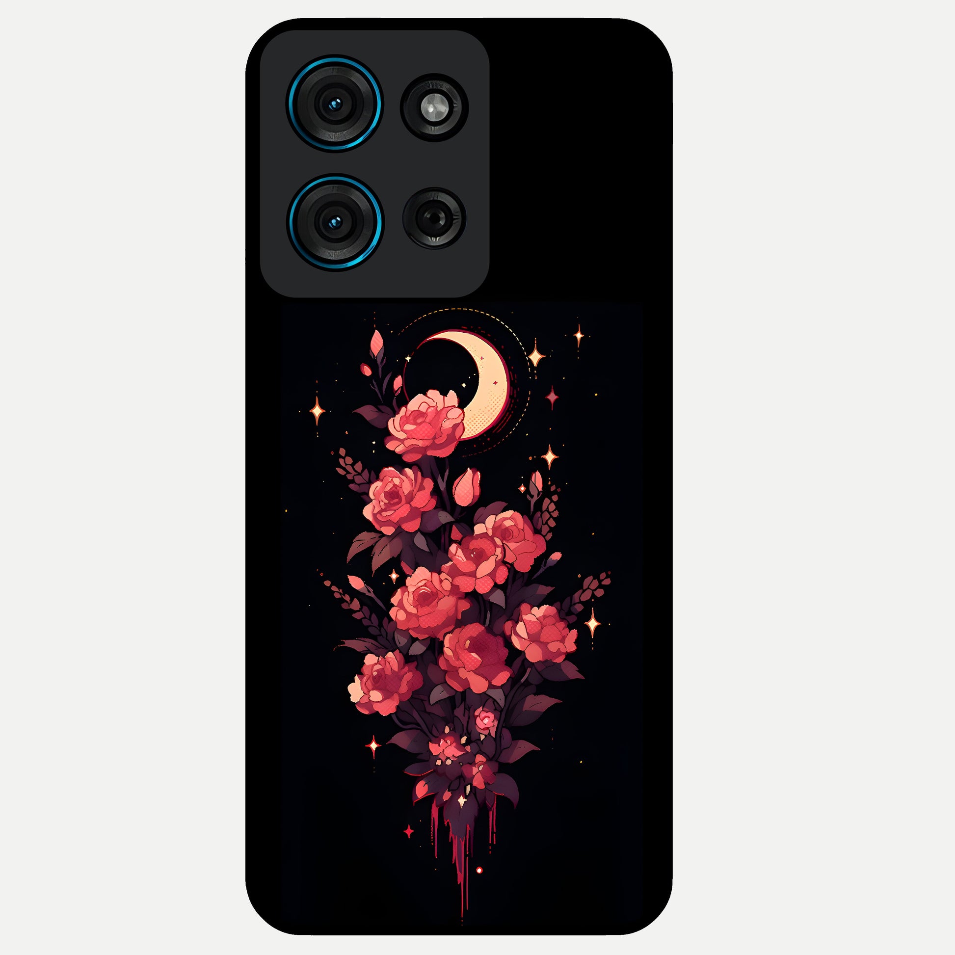 Moonlit Floral Elegance Glass Case showing flat back view with elegant floral artwork under moonlit tones and glossy glass finish.