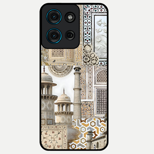 Mughal Marble Legacy Glass Case showing flat back view with intricate Mughal inspired marble pattern and glossy glass finish.
