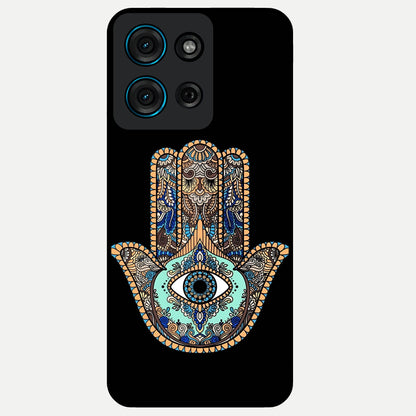 Mystic Hamsa Eye Glass Case showing flat back view with protective hamsa hand and evil eye artwork and glossy glass finish.