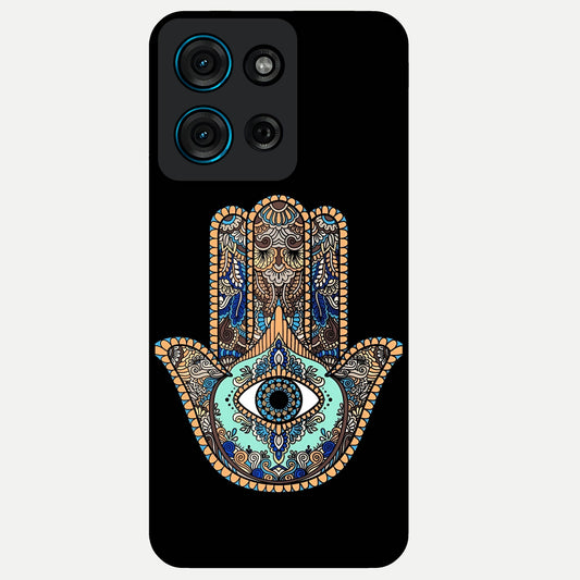 Mystic Hamsa Eye Glass Case showing flat back view with protective hamsa hand and evil eye artwork and glossy glass finish.