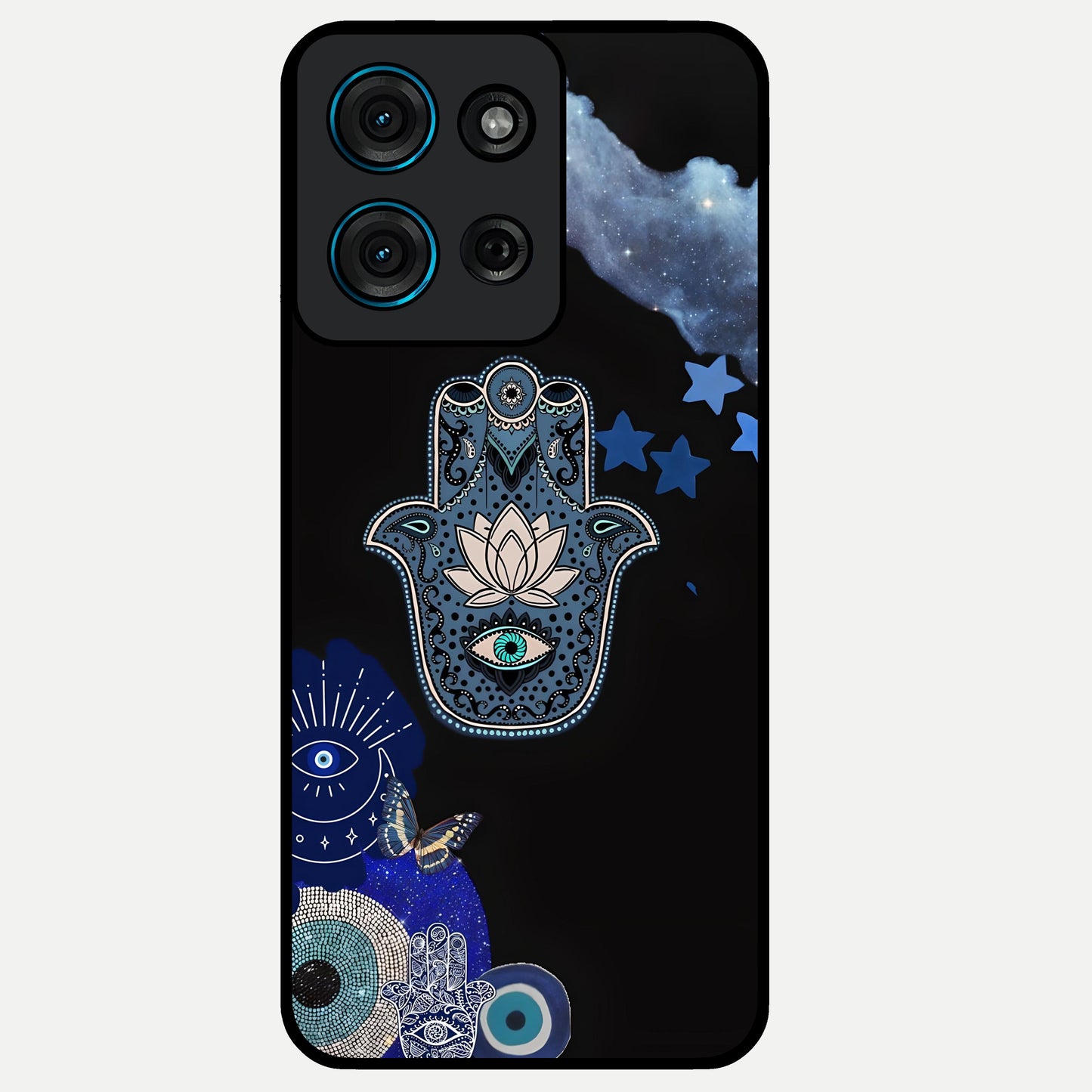 Mystic Hand Aura Glass Case showing flat back view with mystical hand symbol artwork and glossy glass finish.