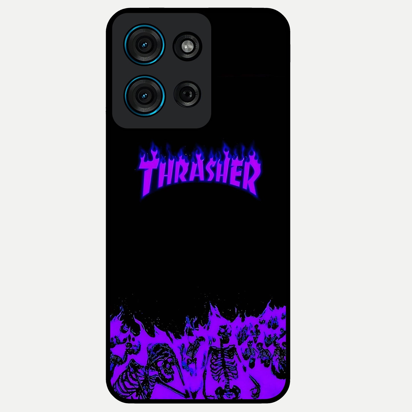 Neon Flame Riot Glass Case showing flat back view with neon flame artwork and glossy glass finish.