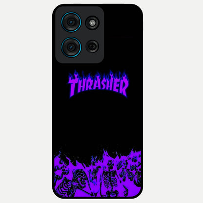 Neon Flame Riot Glass Case showing flat back view with neon flame artwork and glossy glass finish.