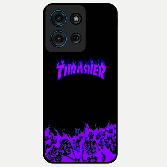 Neon Flame Riot Glass Case showing flat back view with neon flame artwork and glossy glass finish.