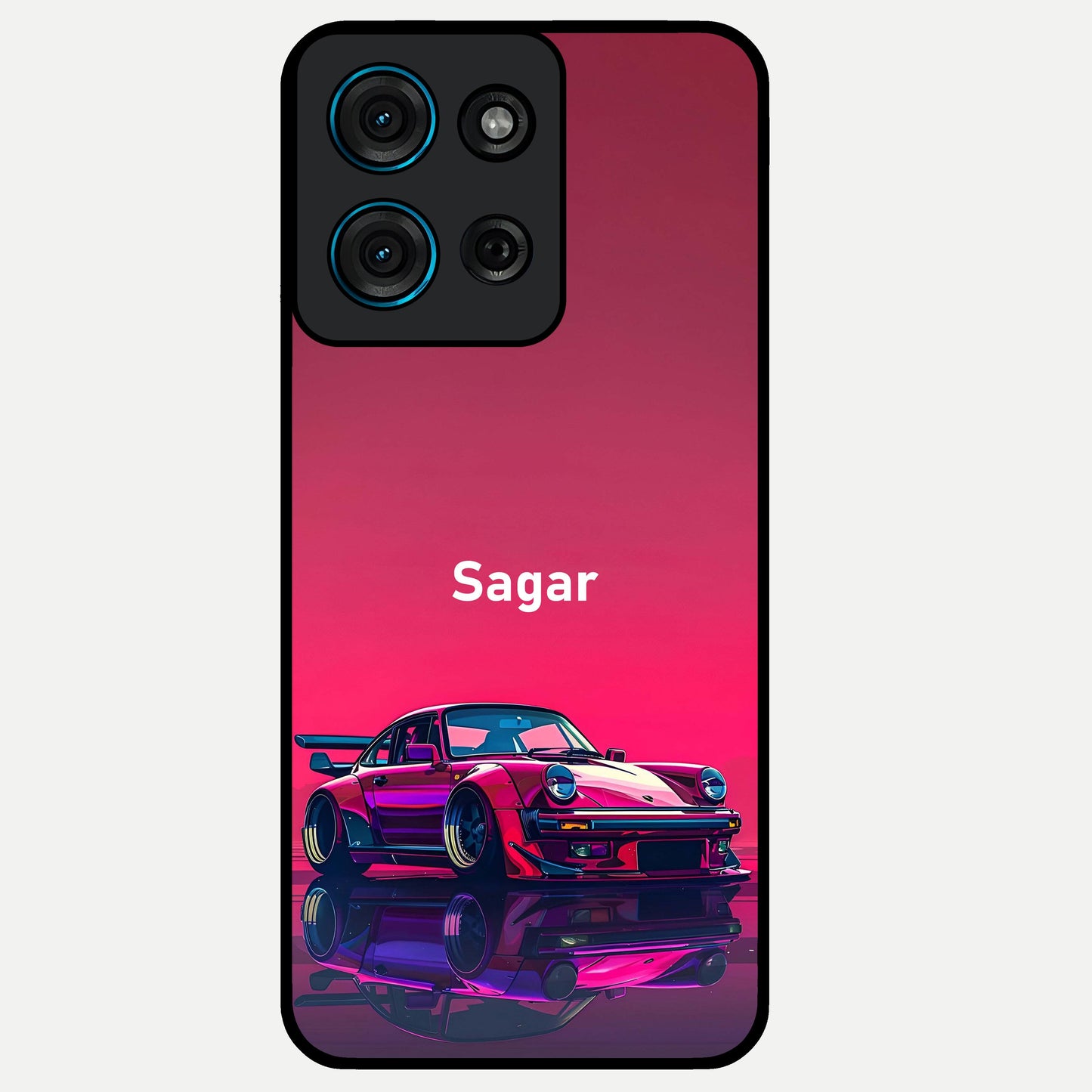 Neon Pink Porsche Glass Case showing flat back view with stylish sports car artwork and glossy glass finish.