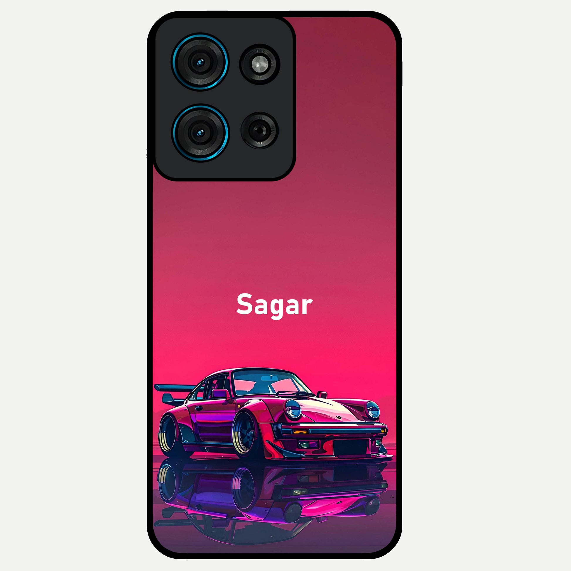 Neon Pink Porsche Glass Case showing flat back view with stylish sports car artwork and glossy glass finish.
