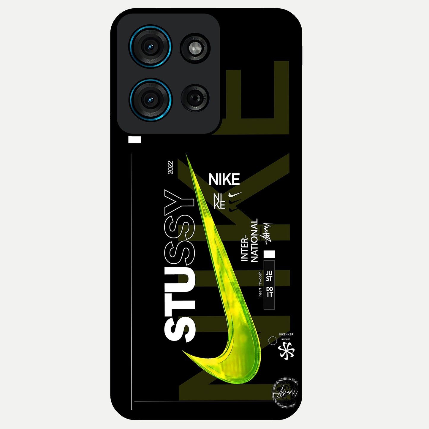 Neon Street Edition Glass Case showing flat back view with neon street style artwork and glossy glass finish.