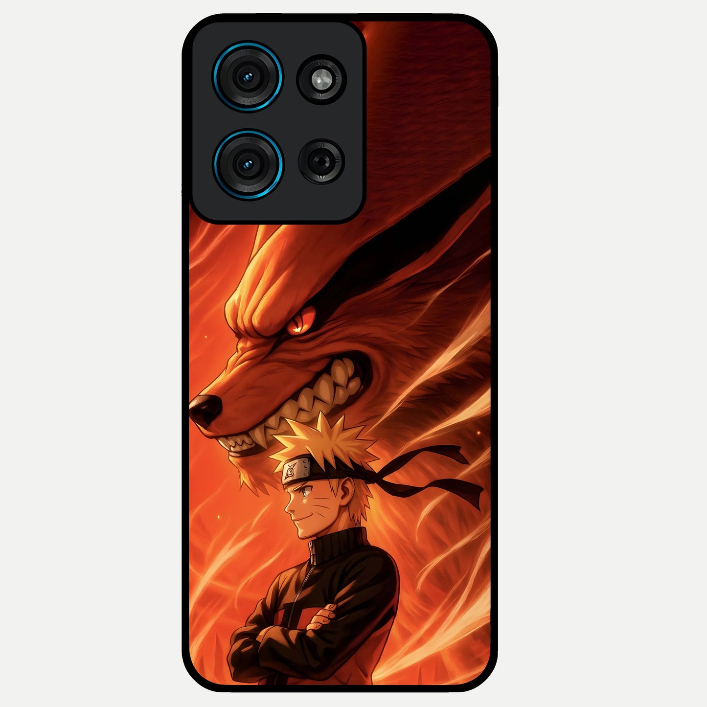 Nine Tails Legacy Glass Case showing flat back view with powerful nine-tailed fox inspired artwork and glossy glass finish.