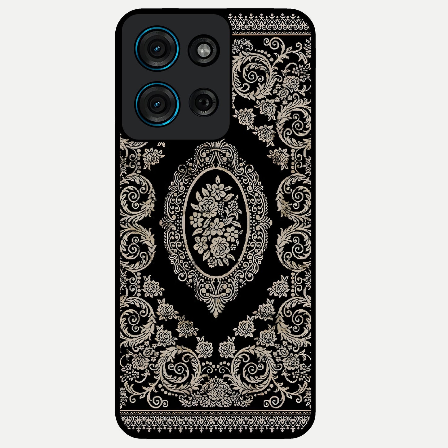 Noir Bloom Elegance Glass Case showing flat back view with elegant dark floral artwork and glossy glass finish.