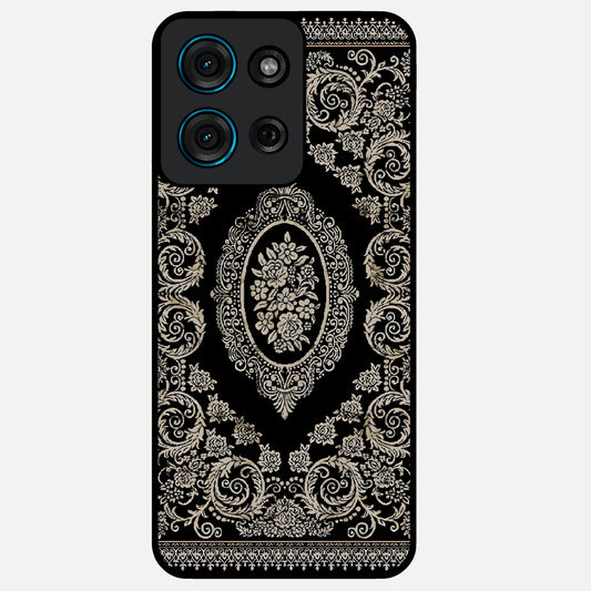 Noir Bloom Elegance Glass Case showing flat back view with elegant dark floral artwork and glossy glass finish.