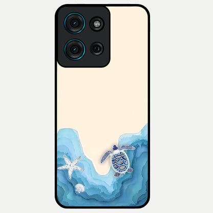 Ocean Drift Turtle Glass Case showing flat back view with sea turtle artwork and glossy glass finish.