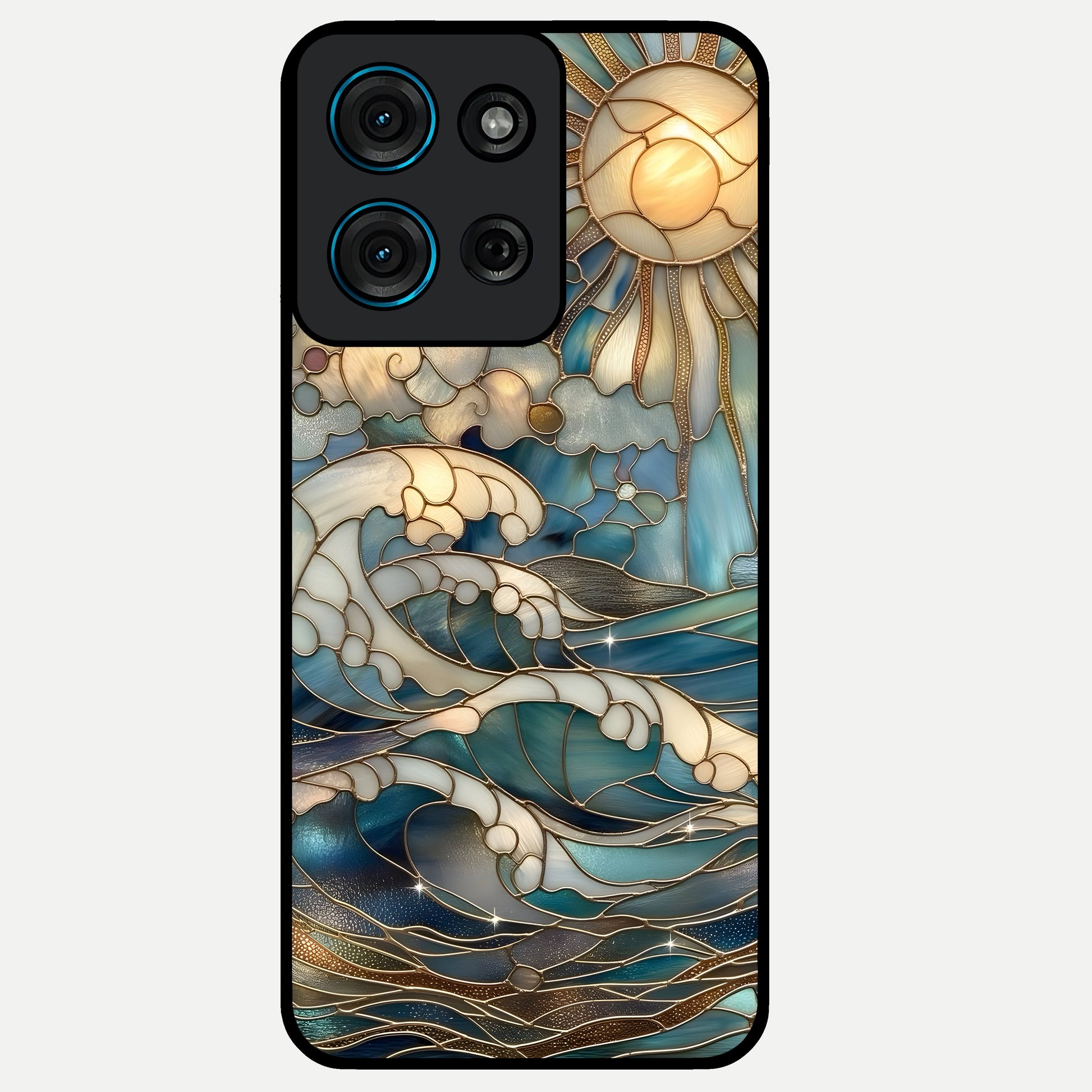 Oceanic Stained Printed Glass Case showing flat back view with ocean inspired stained pattern artwork and glossy glass finish.