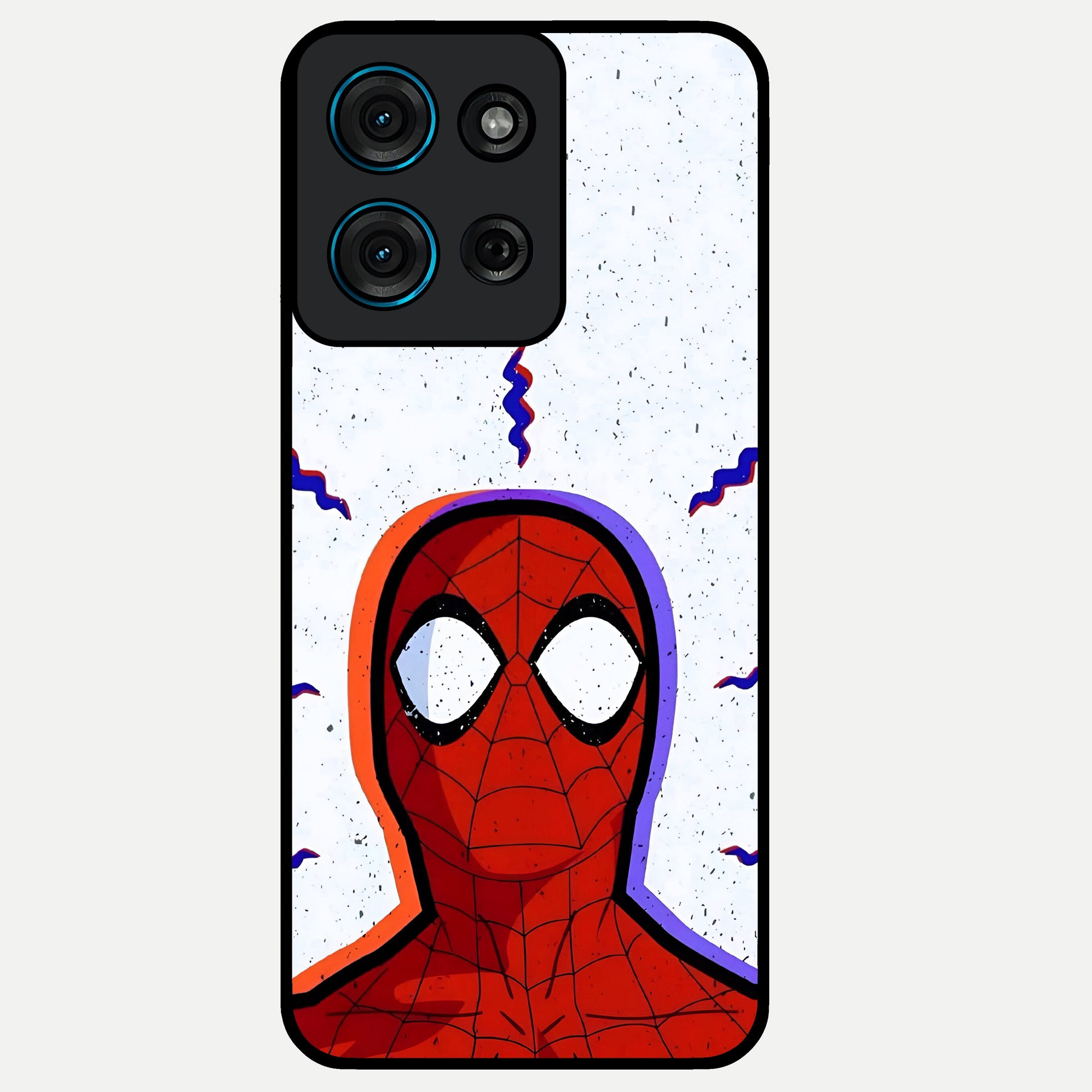 Omg Spiderman Glass Case showing flat back view with bold superhero inspired artwork and glossy glass finish.