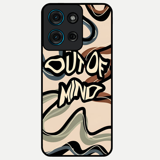 Out Of Mind Glass Case showing flat back view with expressive typography artwork and glossy glass finish.