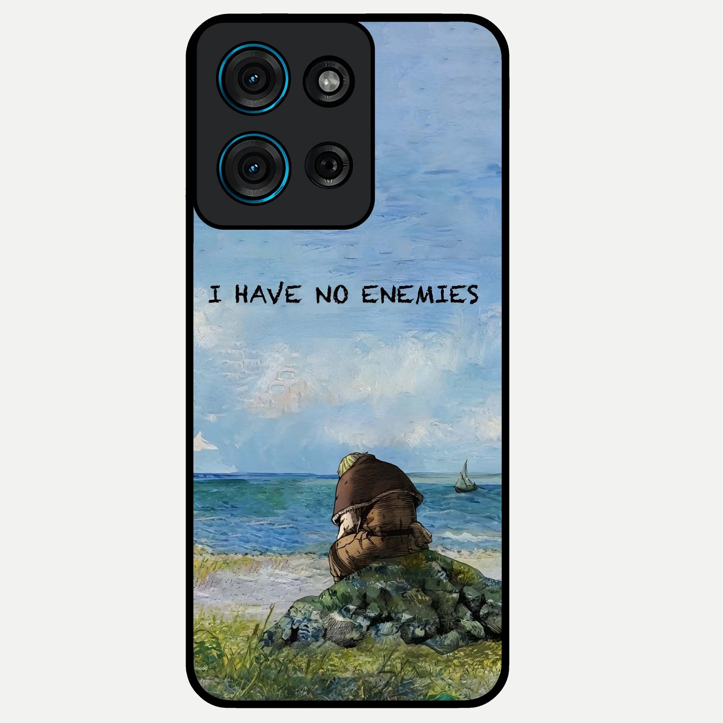 Peace Beyond War Glass Case showing flat back view with symbolic peace themed artwork and glossy glass finish.