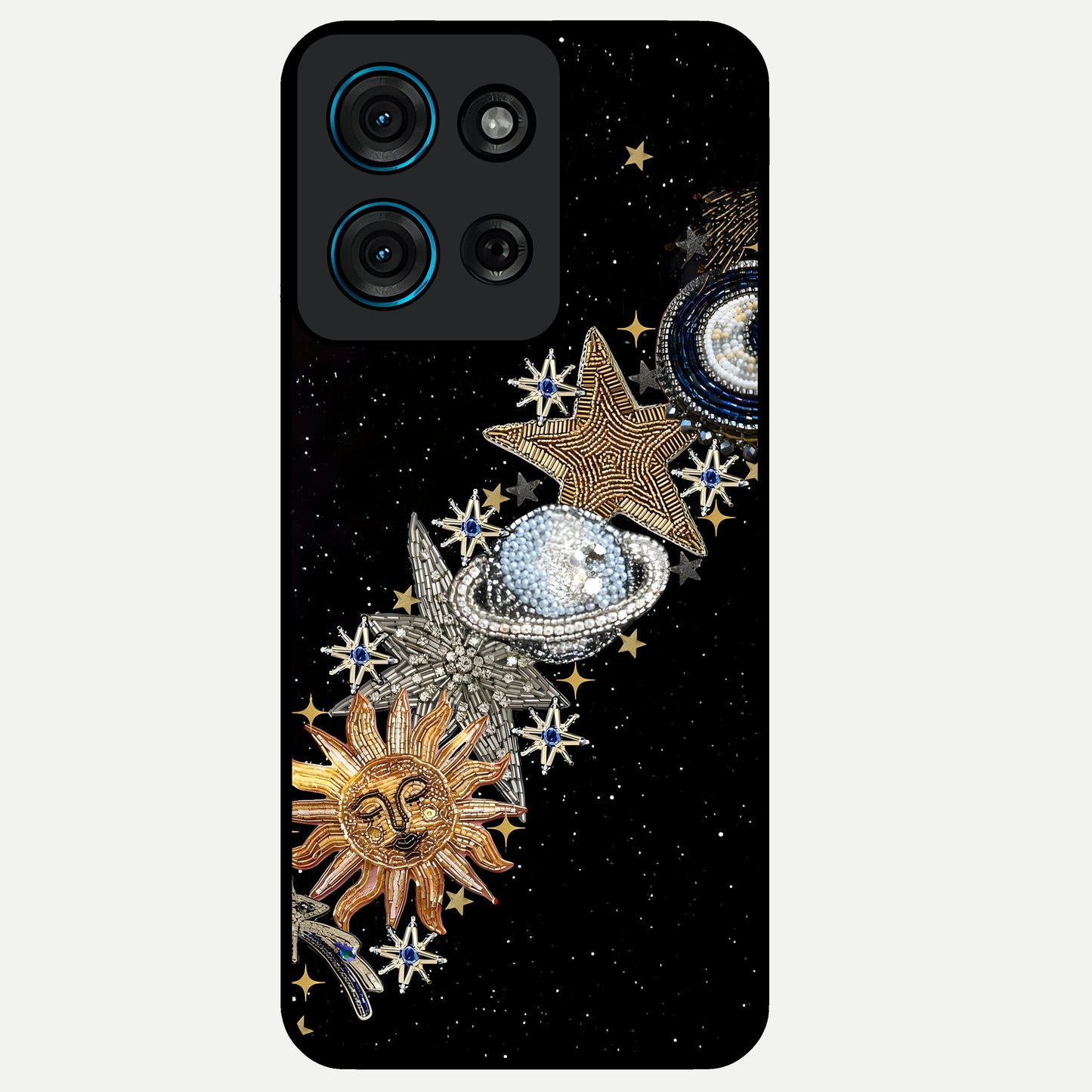 Pearls Universe Object Glass Case showing flat back view with pearl inspired cosmic artwork and glossy glass finish.