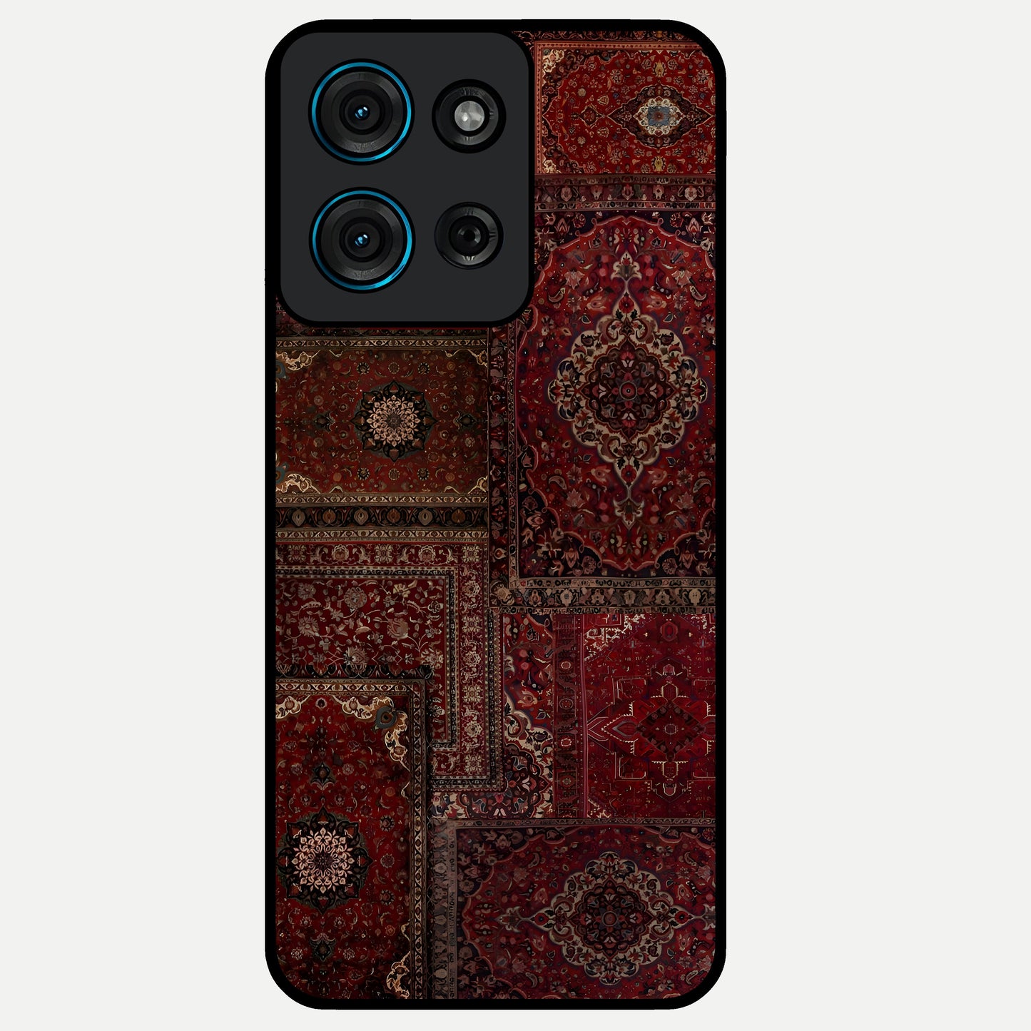 Persian Velvet Tale Glass Case showing flat back view with luxurious Persian velvet pattern artwork and glossy glass finish.