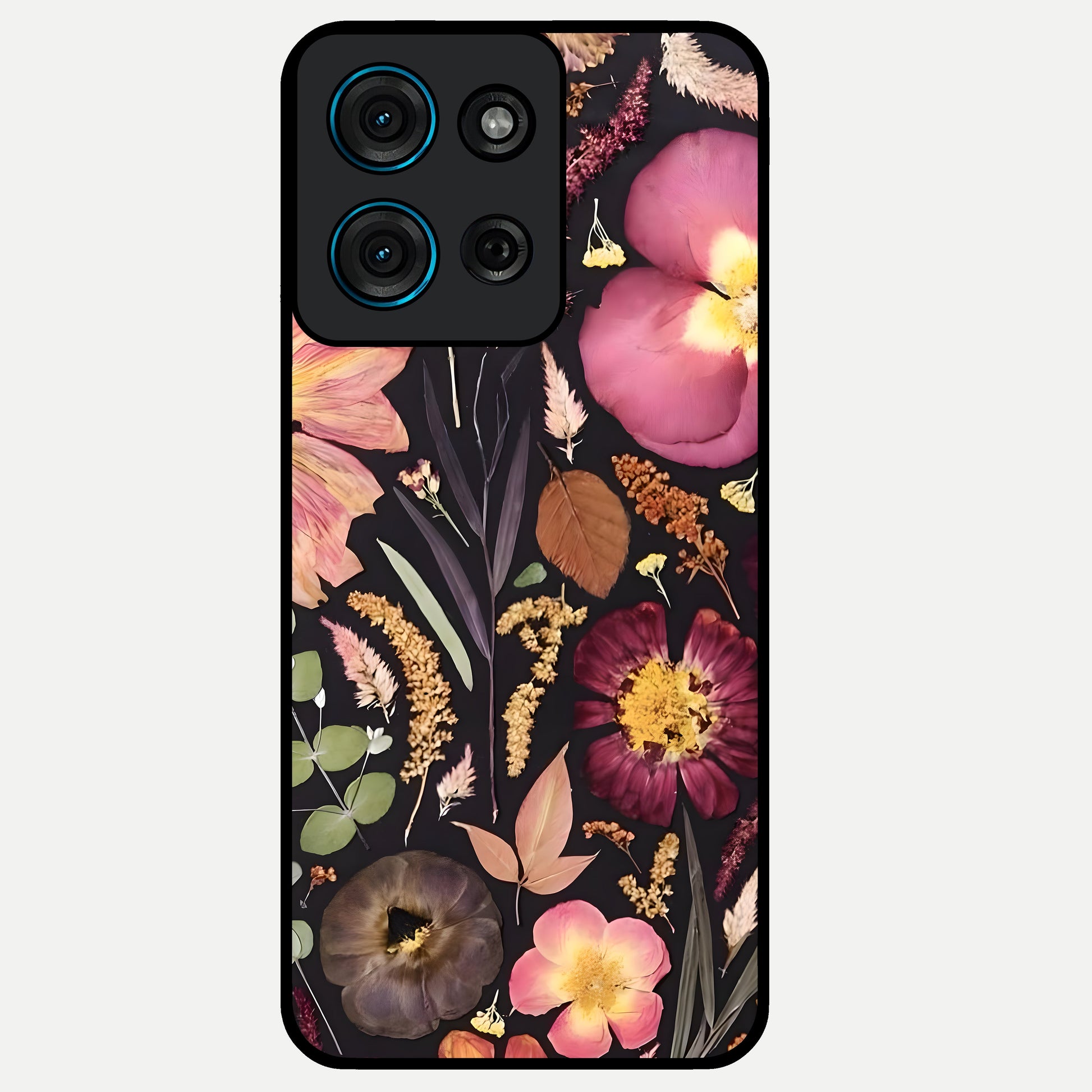 Petal Dream Tapestry Glass Case showing flat back view with intricate floral tapestry artwork and glossy glass finish.