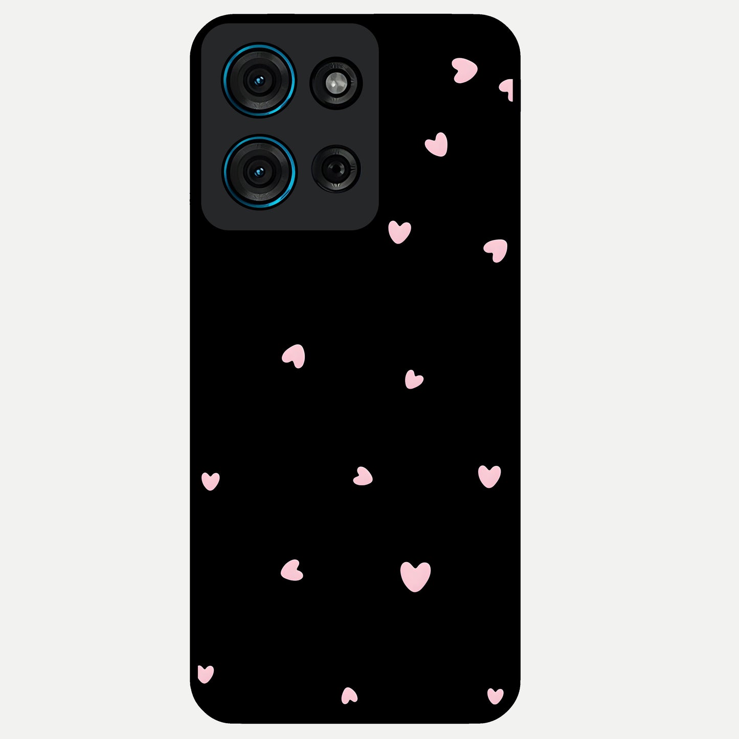 Pink Love Drops Glass Case showing flat back view with playful pink heart drops artwork and glossy glass finish.