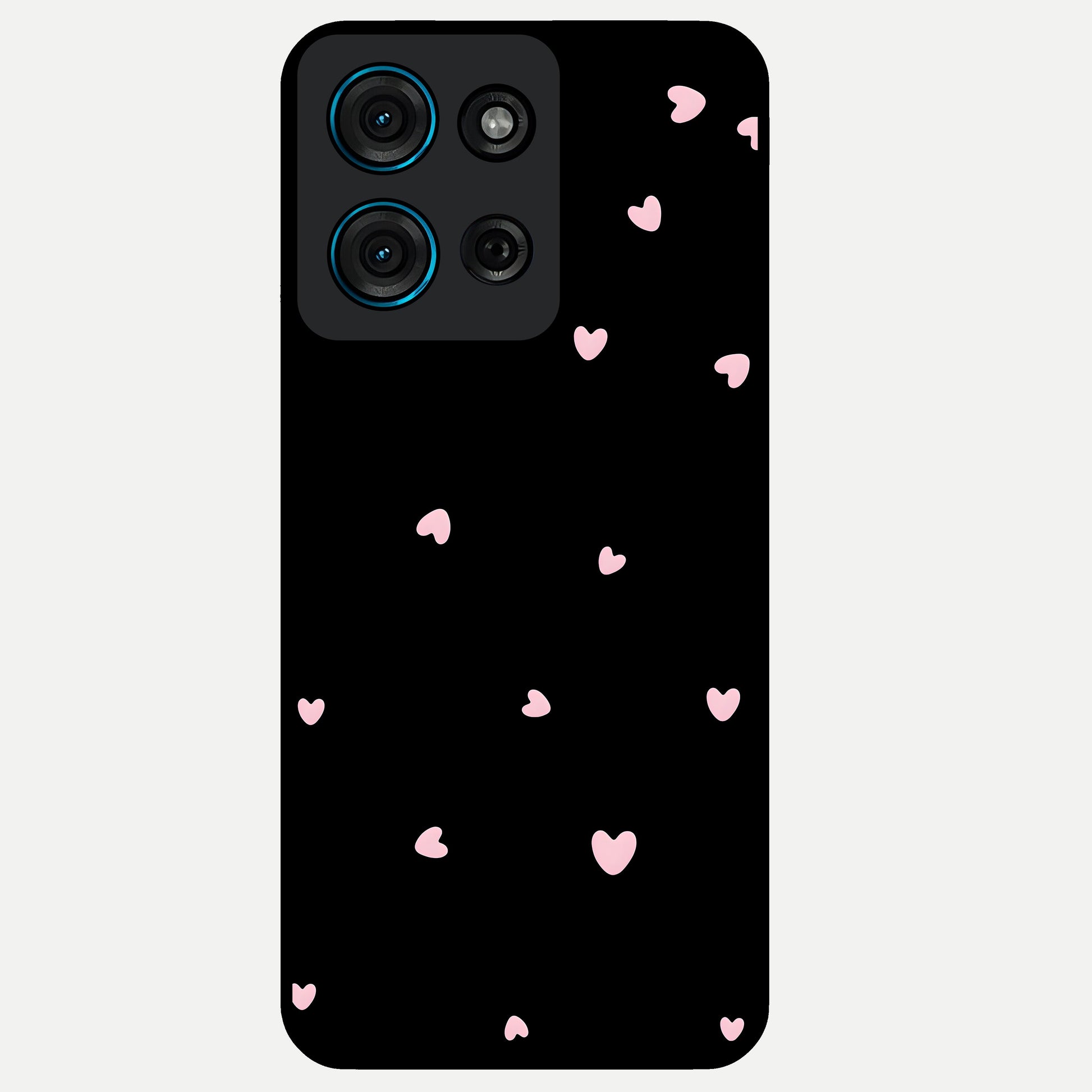 Pink Love Drops Glass Case showing flat back view with playful pink heart drops artwork and glossy glass finish.