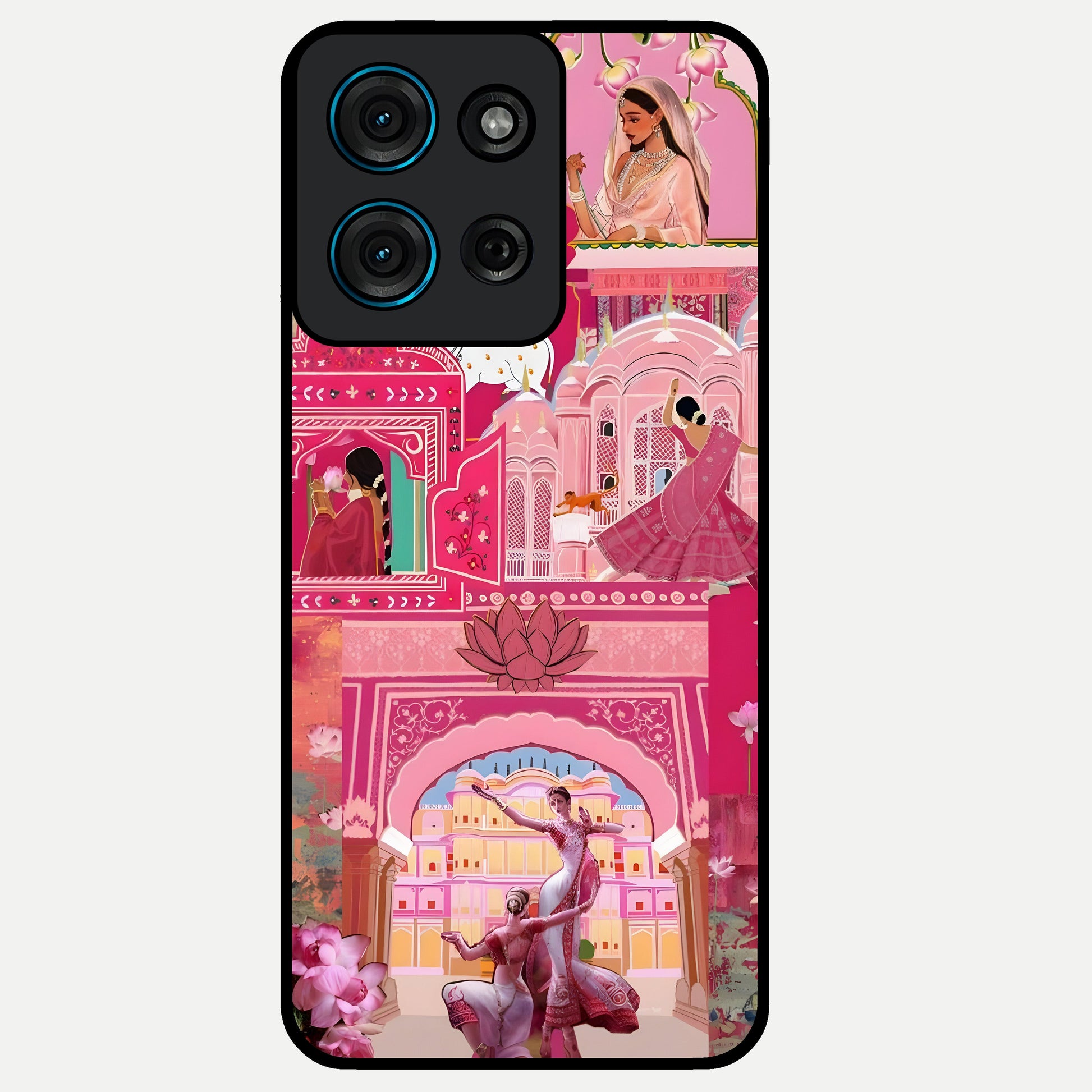 Pink Palace Muse Glass Case showing flat back view with elegant palace inspired artwork and glossy glass finish.