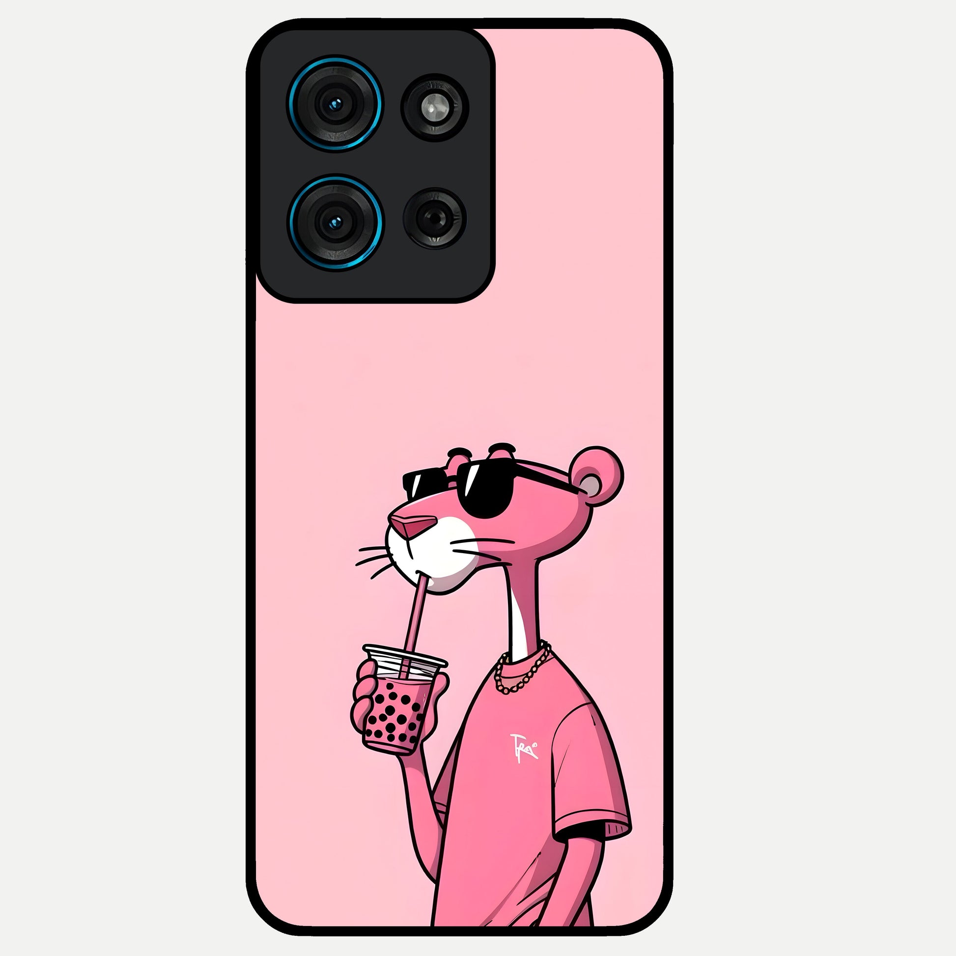 Pink Panther Glass Case showing flat back view with iconic pink panther artwork and glossy glass finish.