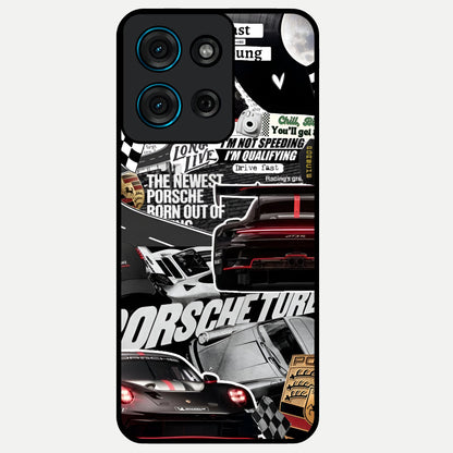 Porsche Racing Collage Glass Case showing flat back view with sports car racing collage artwork and glossy glass finish.