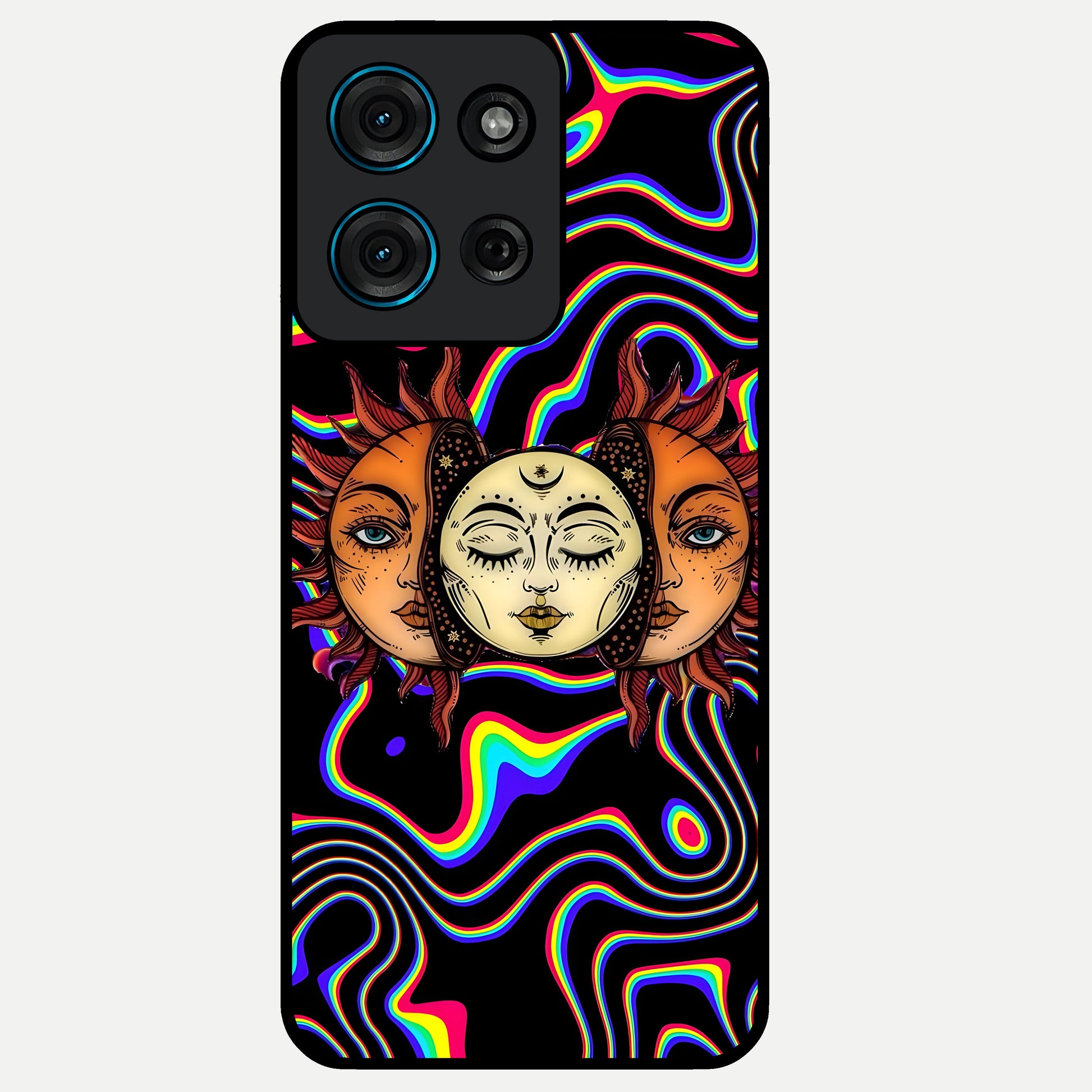 Psychedelic Sun Glass Case showing flat back view with colorful psychedelic sun artwork and glossy glass finish.