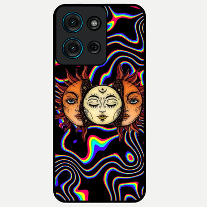 Psychedelic Sun Glass Case showing flat back view with colorful psychedelic sun artwork and glossy glass finish.