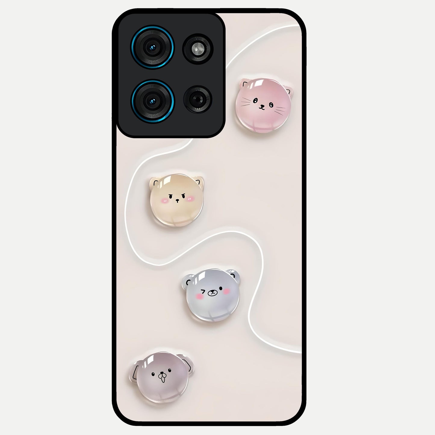 Puffy Face Parade Glass Case showing flat back view with cute puffy character faces artwork and glossy glass finish.