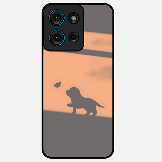 Puppy Shadow Art Glass Case showing flat back view with cute puppy shadow style artwork and glossy glass finish.