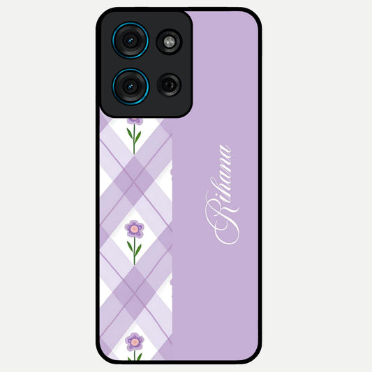Purple Diamond Floral Glass Case showing flat back view with diamond shaped floral artwork and glossy glass finish.