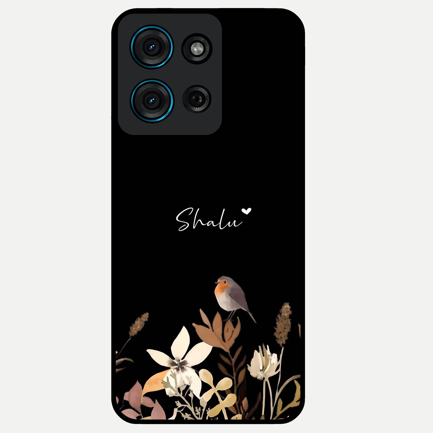 Quiet Garden Tune Custom Name Glass Case showing flat back view with peaceful garden artwork and personalized name design.